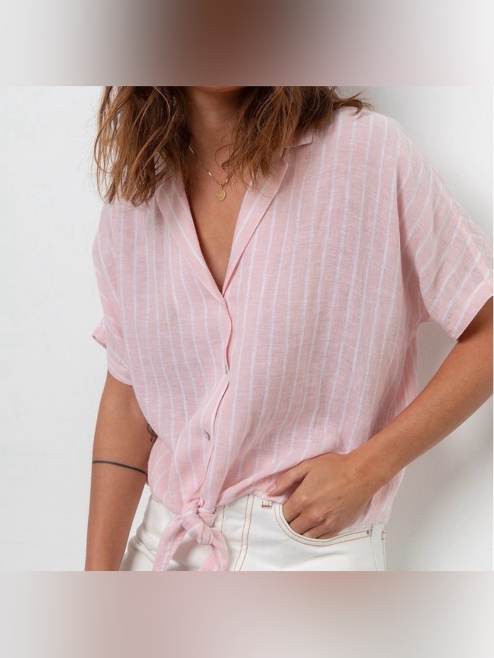 Rails Linen Blend Marley Peach Striped Tie-Front Button Shirt Size:L